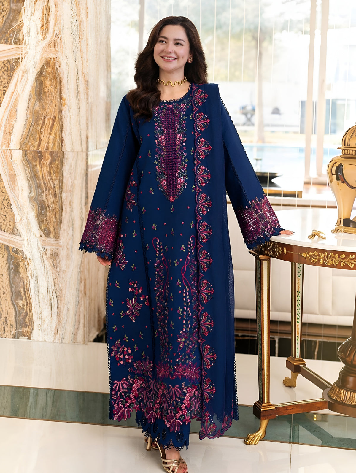 3 Piece Unstitched Embroidered Dhanak Suit