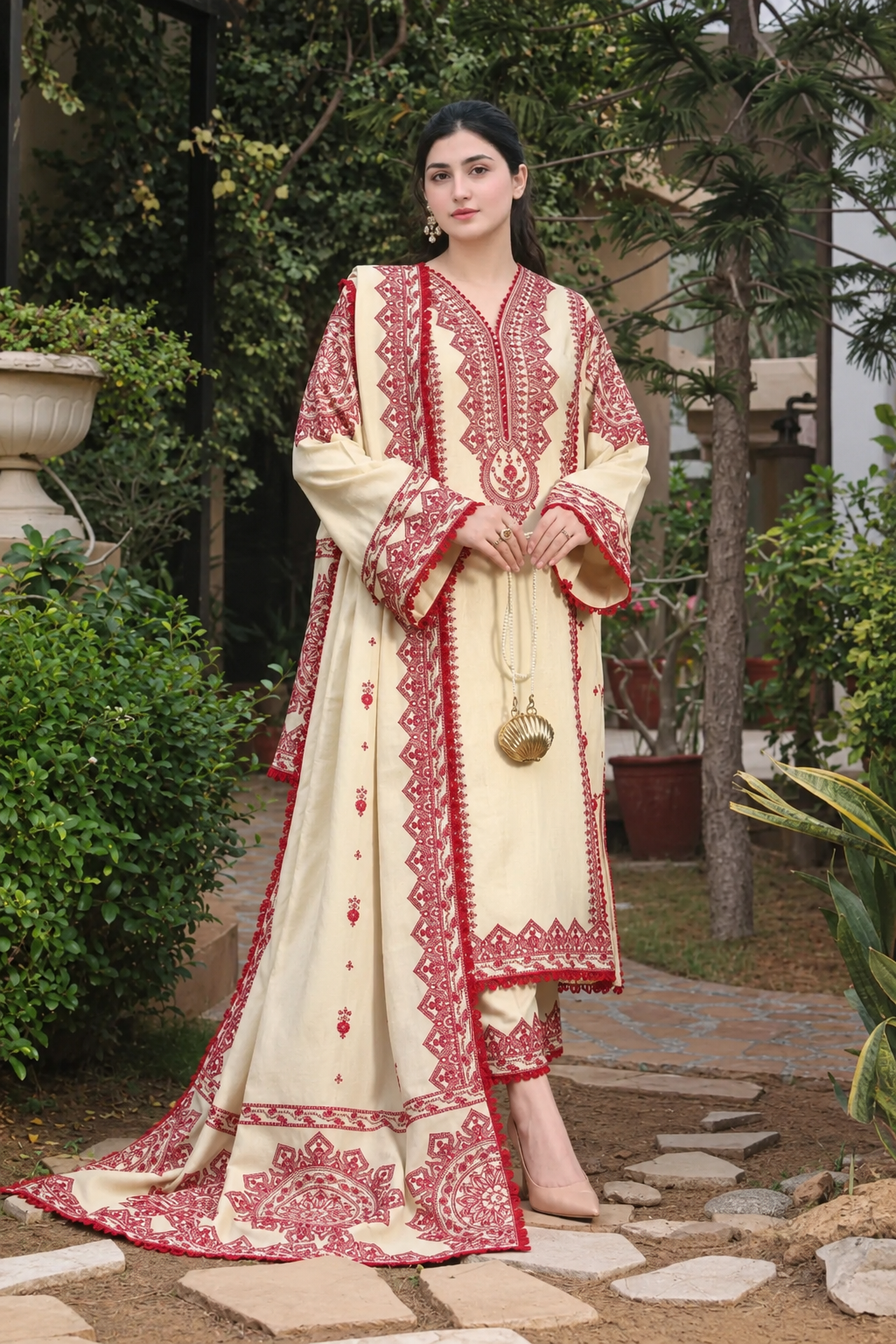 3 Piece Unstitched Embroidered Dhanak Suit