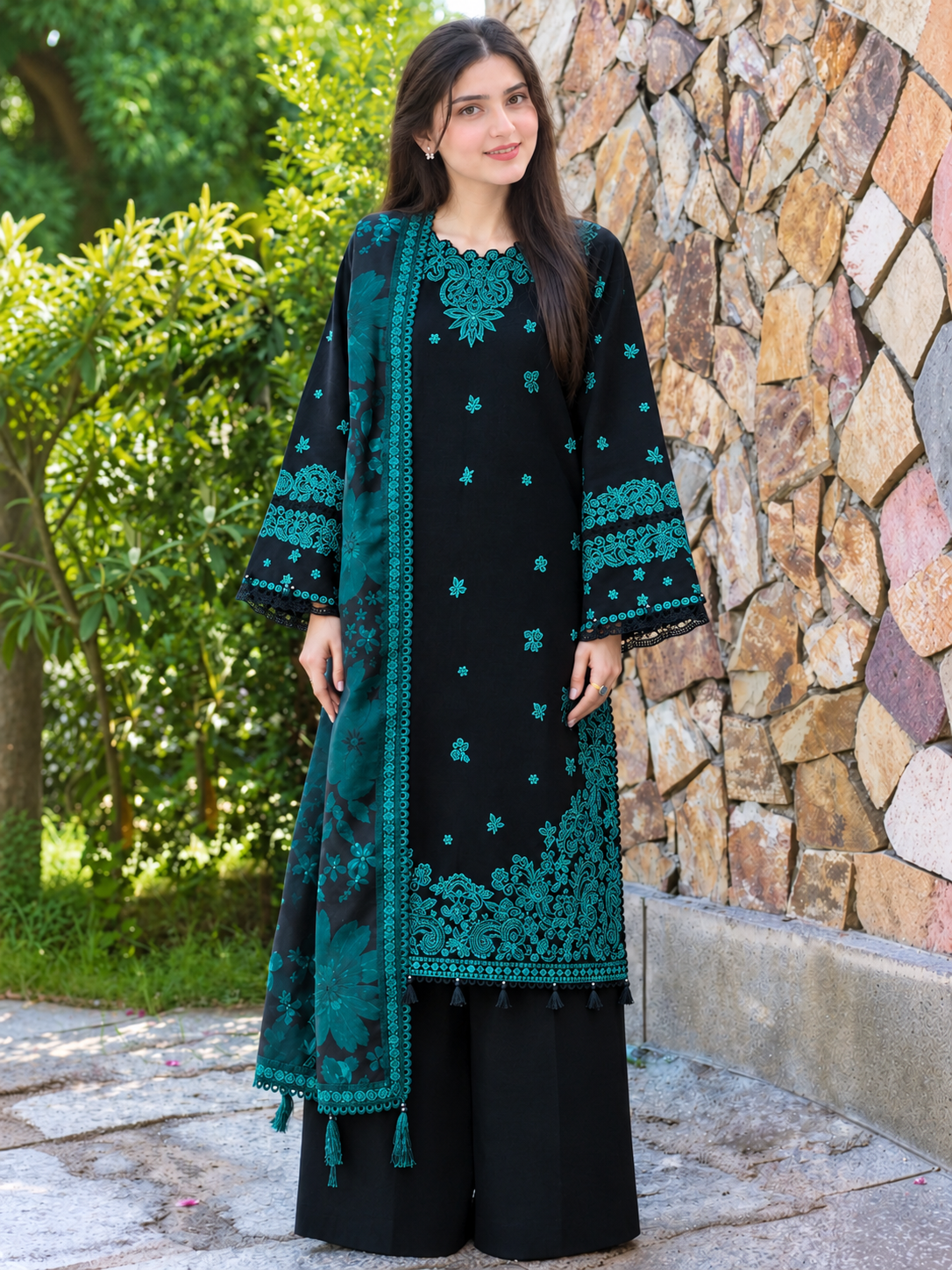 3 Piece Unstitched Embroidered Dhanak Suit BQ-150