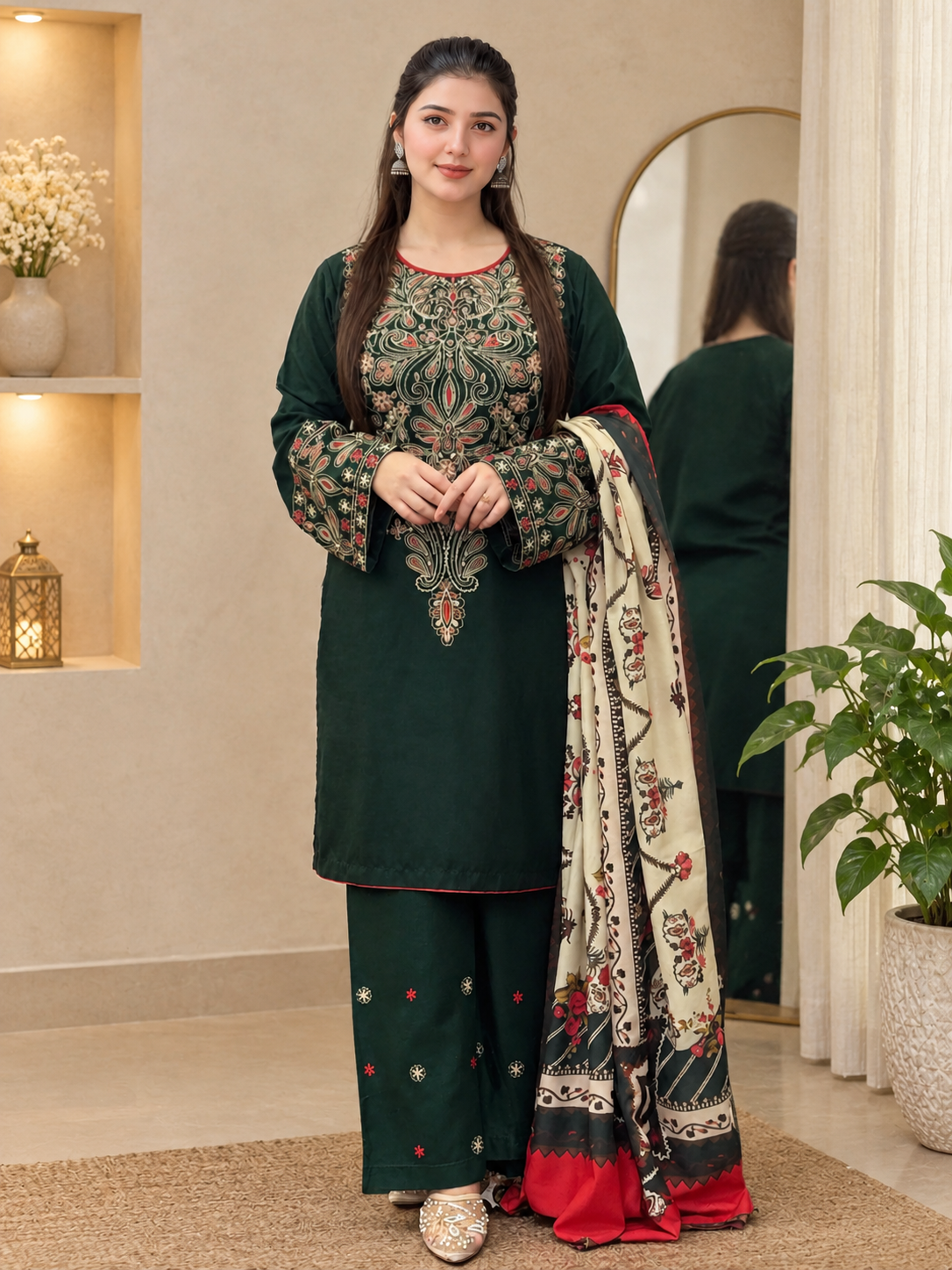 3 Piece Unstitched Embroidered Dhanak Suit BQ 3075