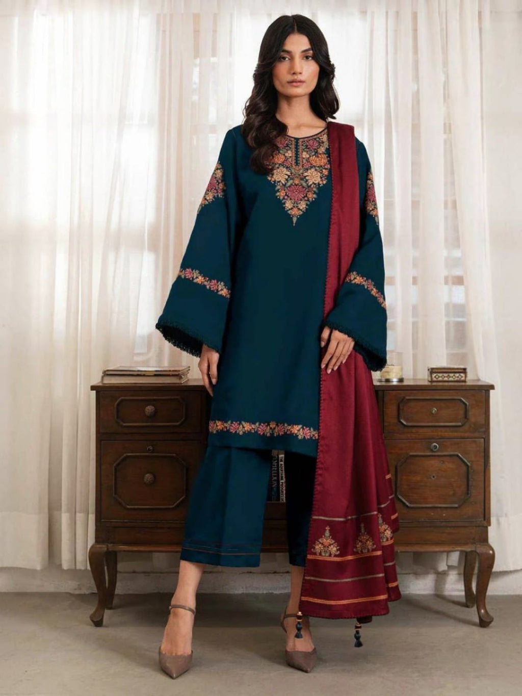 3 Piece Unstitched Embroidered Dhanak Suit JZ 3030