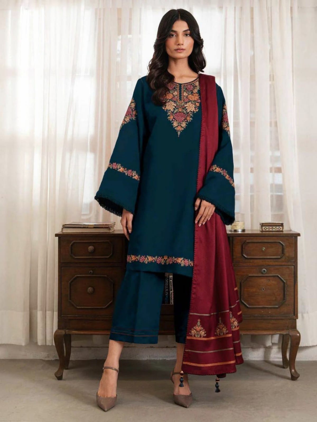 3 Piece Unstitched Embroidered Dhanak Suit JZ 3030
