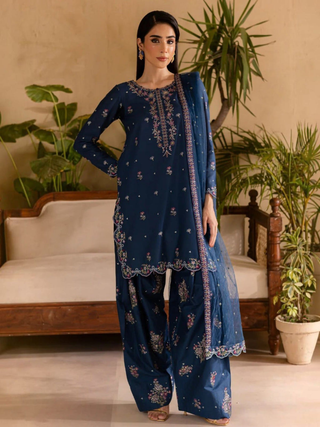 3 Piece Unstitched Embroidered Dhanak Suit