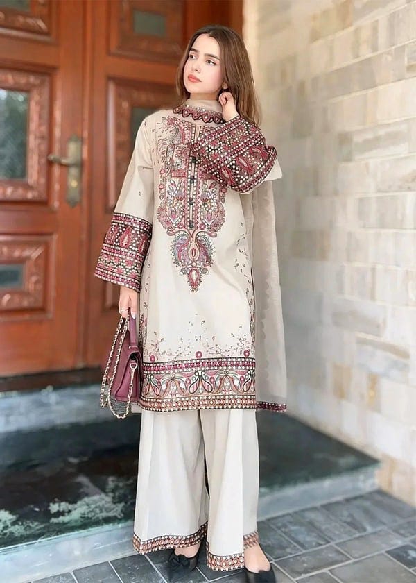 3 Piece Unstitched Embroidered Dhanak Suit