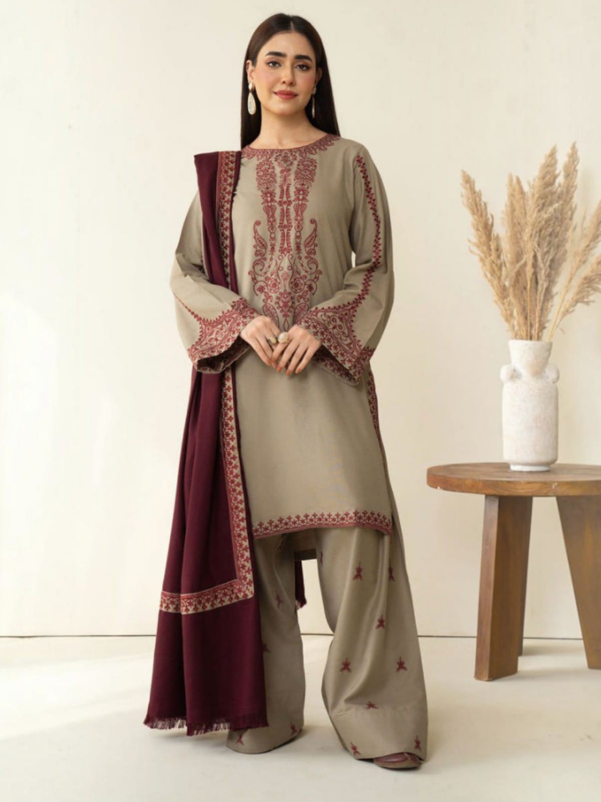 3 Piece Unstitched Embroidered Dhanak Suit KD-910