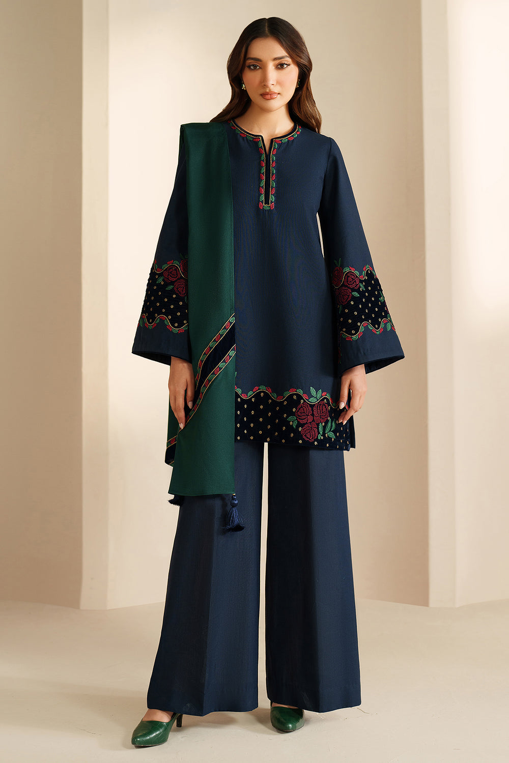 3 Piece Unstitched Embroidered Dhanak Suit SP-155