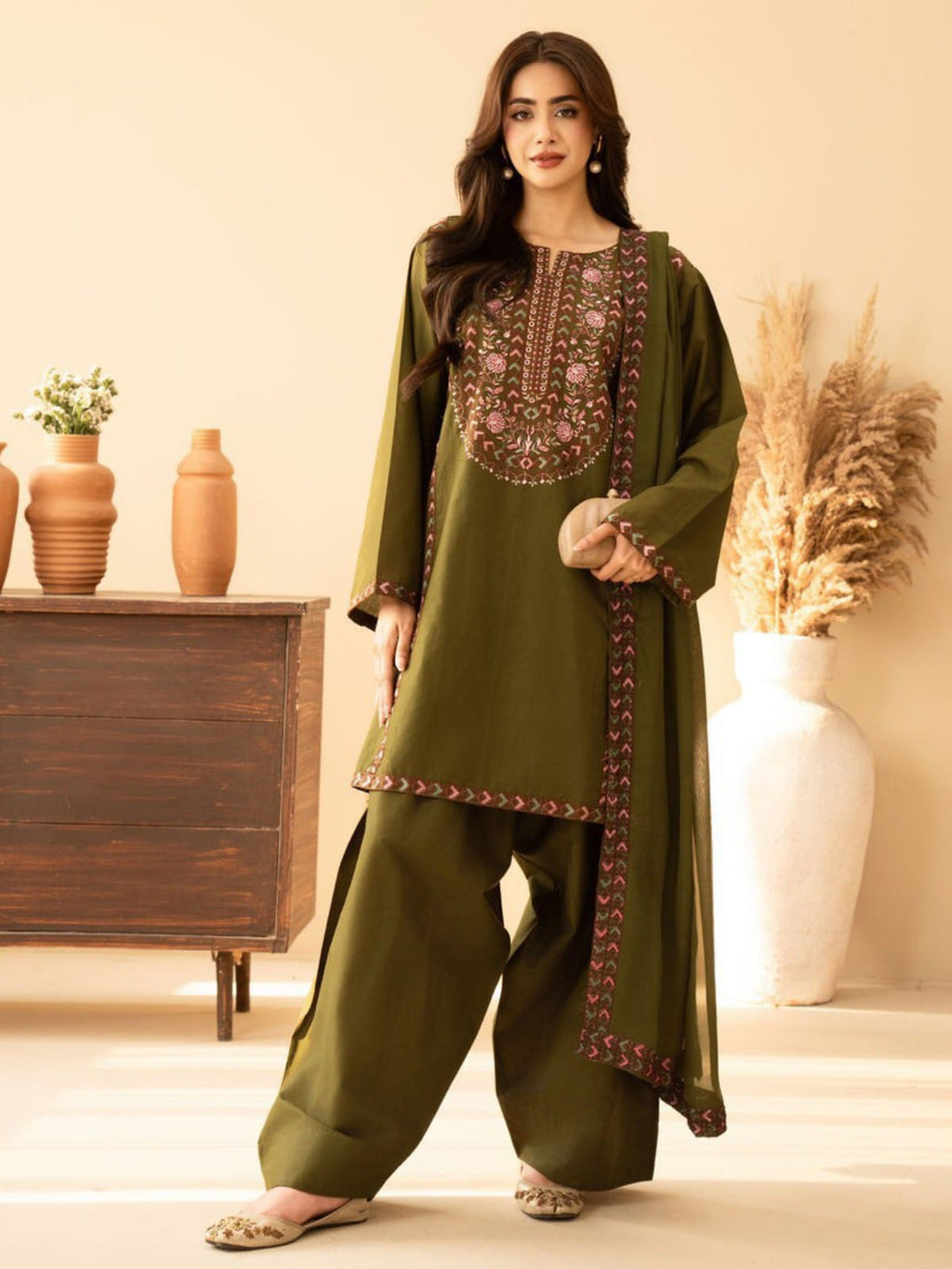 3 Piece Unstitched Embroidered Dhanak Suit BT-2960
