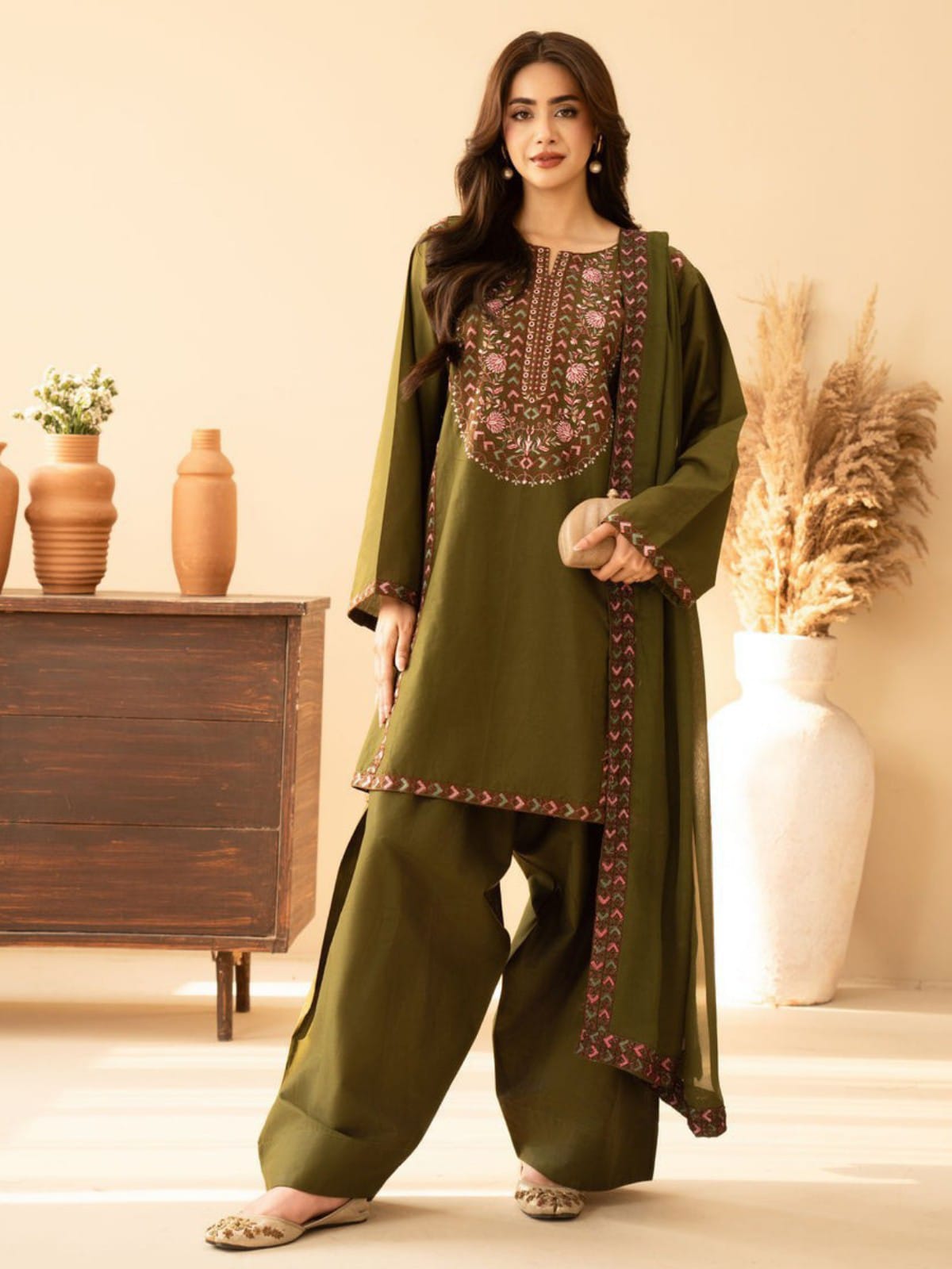 3 Piece Unstitched Embroidered Dhanak Suit BT-2960