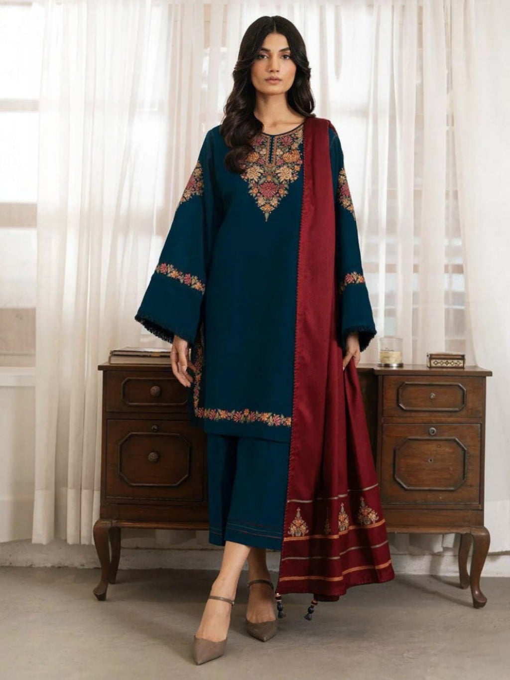 3 Piece Unstitched Embroidered Dhanak Suit JZ 3030