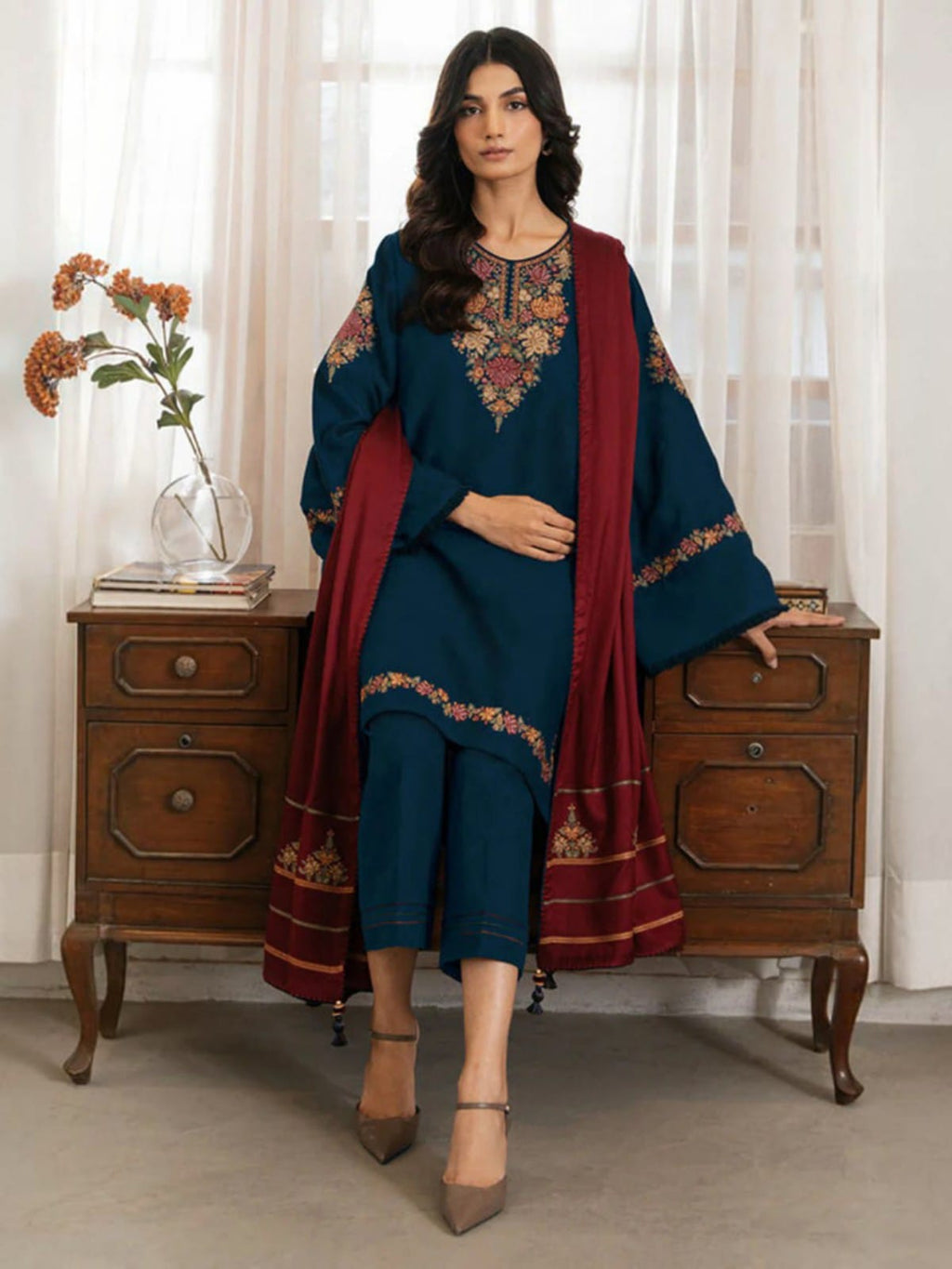 3 Piece Unstitched Embroidered Dhanak Suit JZ 3030