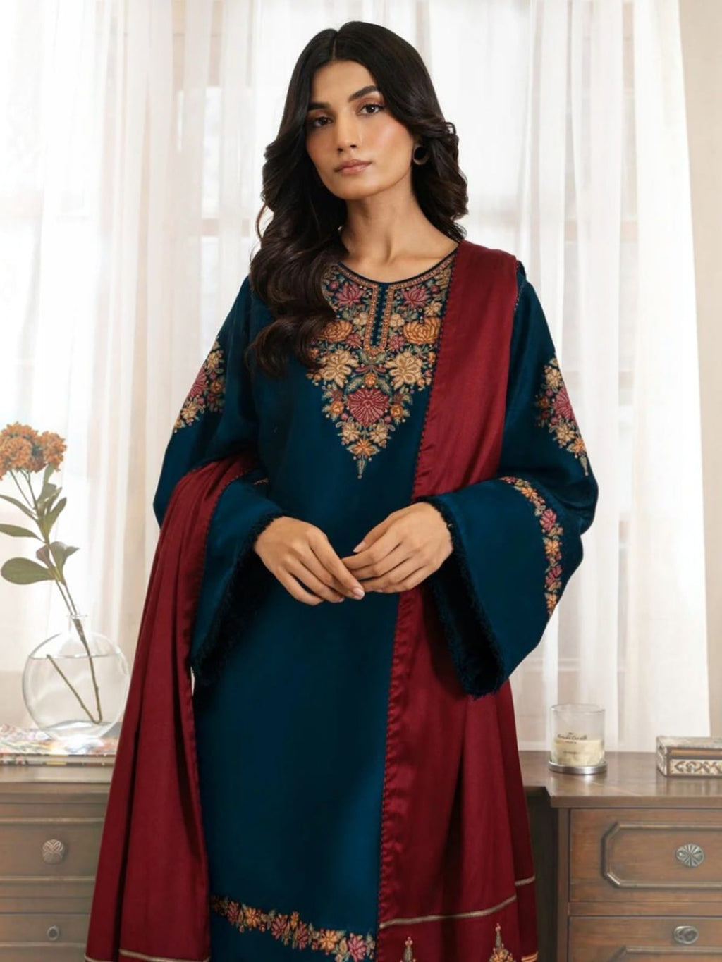 3 Piece Unstitched Embroidered Dhanak Suit JZ 3030