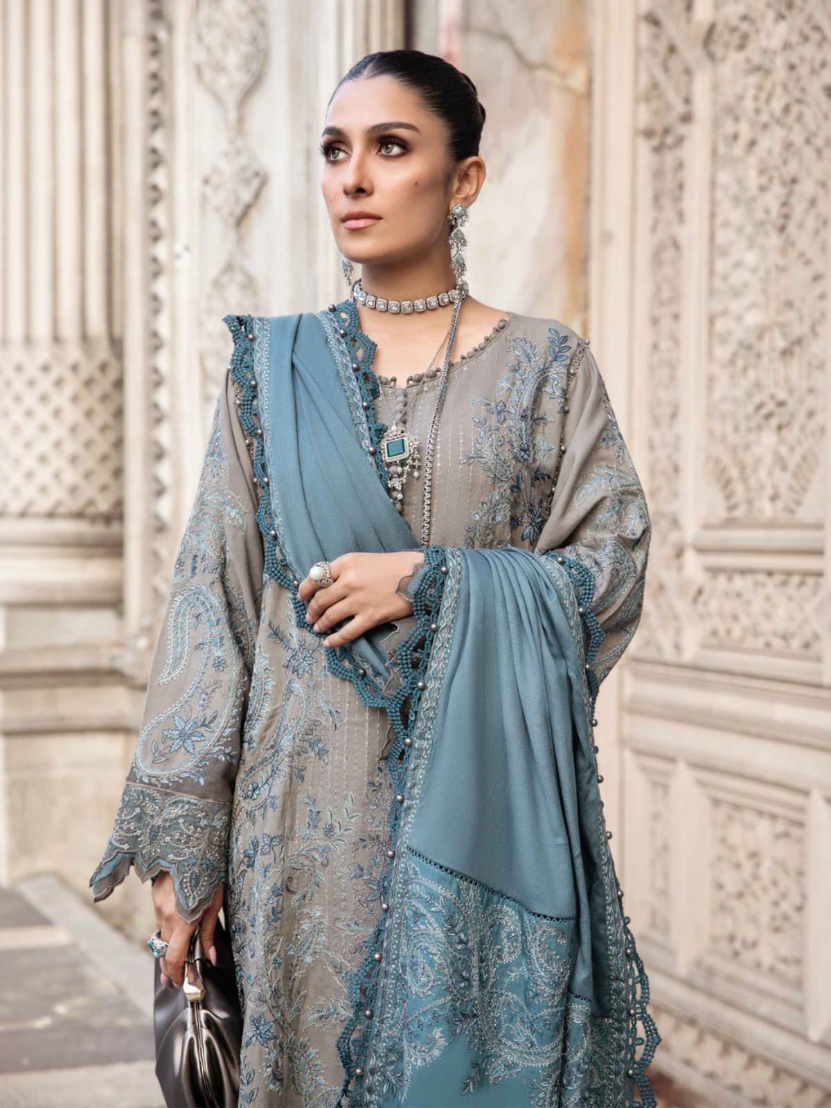 3 Piece Unstitched Embroidered Dhanak Suit