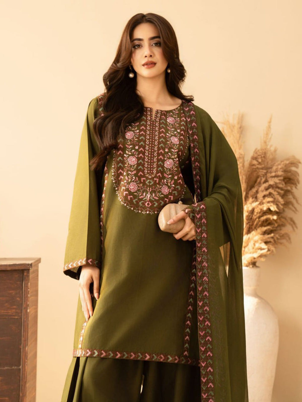 3 Piece Unstitched Embroidered Dhanak Suit BT-2960