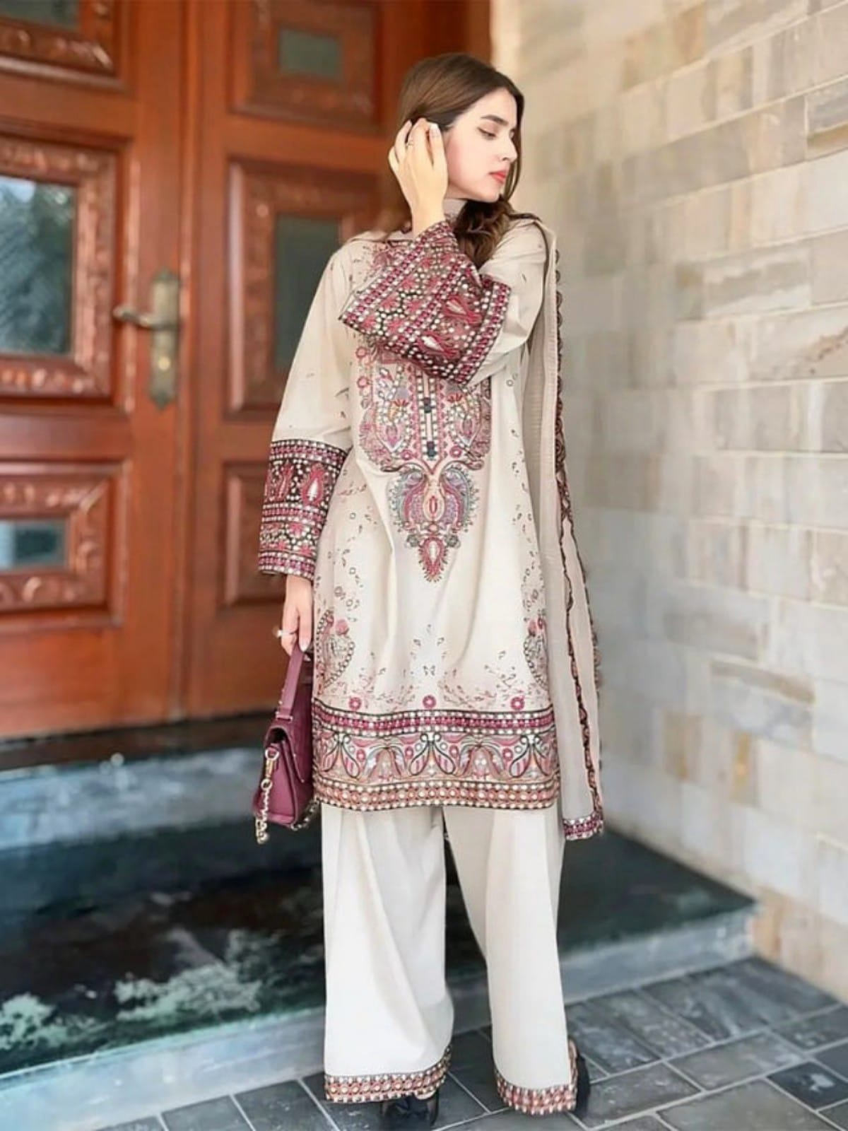 3 Piece Unstitched Embroidered Dhanak Suit