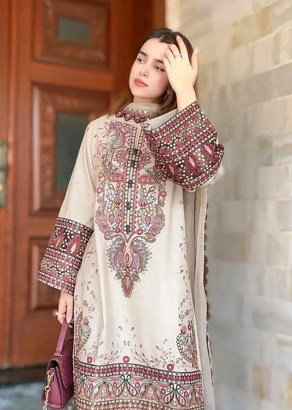 3 Piece Unstitched Embroidered Dhanak Suit