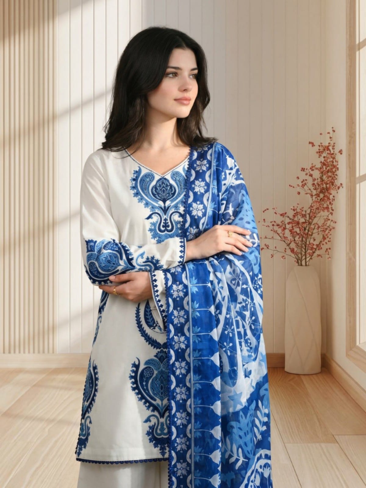 3 Piece Unstitched Embroidered Dhanak Suit LM 3105