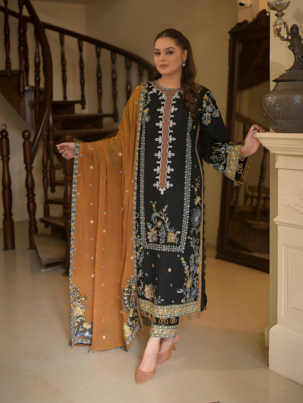 3 Piece Unstitched Embroidered Dhanak Suit