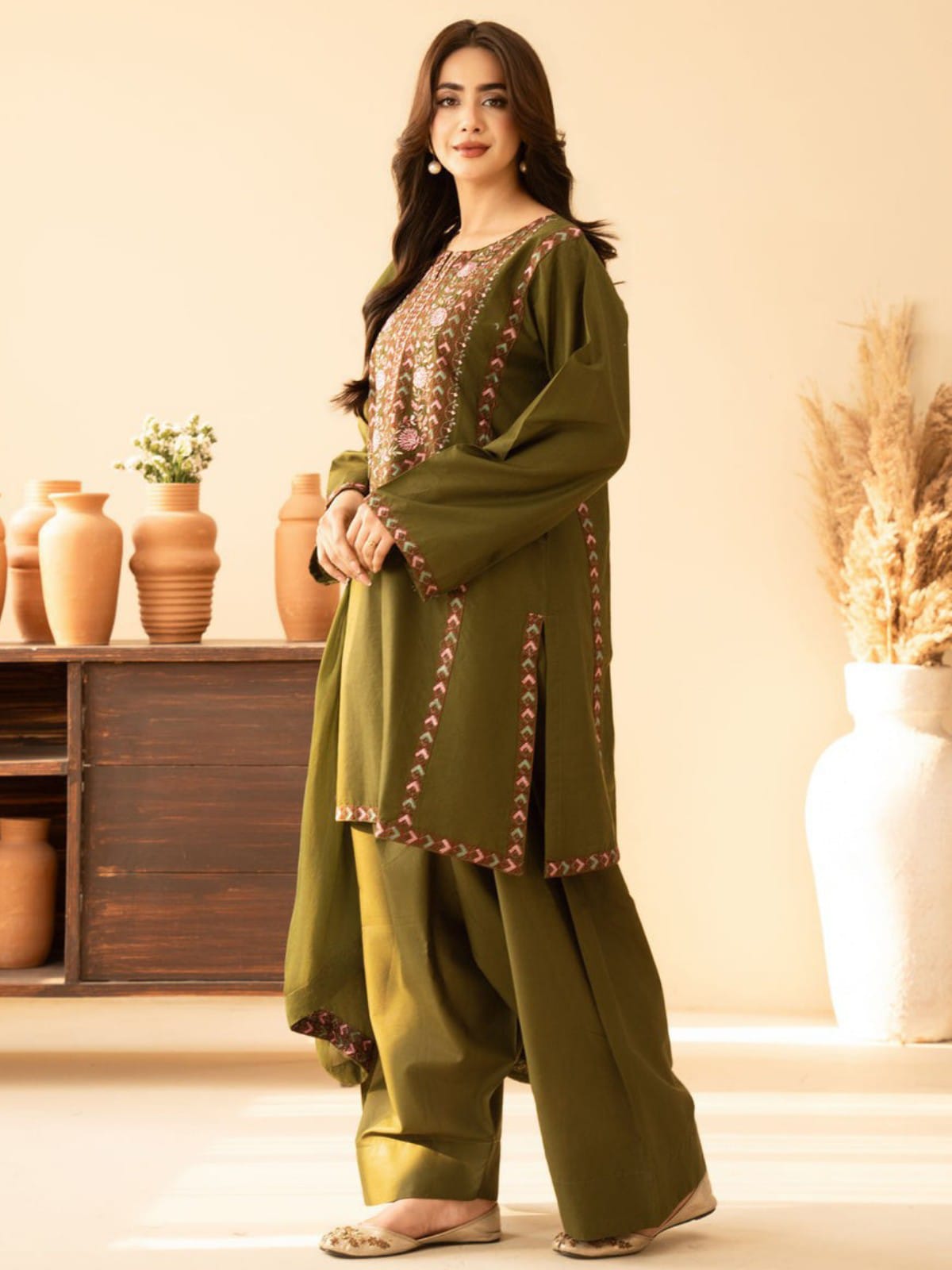 3 Piece Unstitched Embroidered Dhanak Suit BT-2960