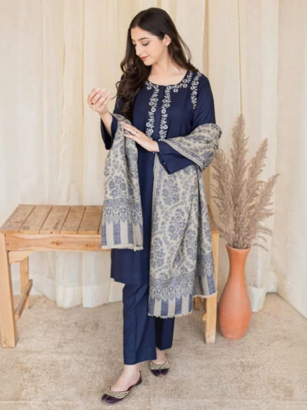 3 Piece Unstitched Embroidered Dhanak Suit MB-830