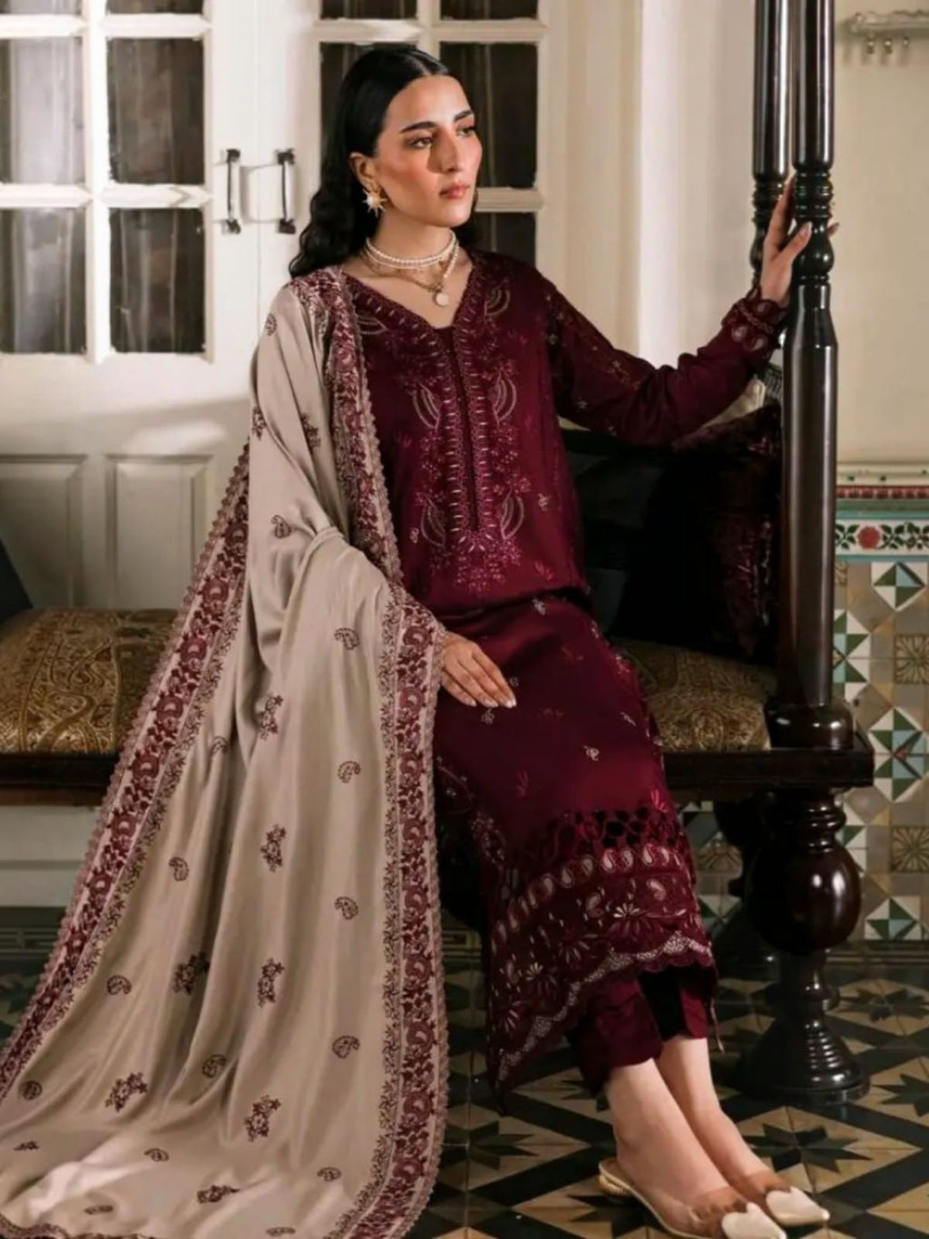 3 Piece Unstitched Embroidered Dhanak Suit