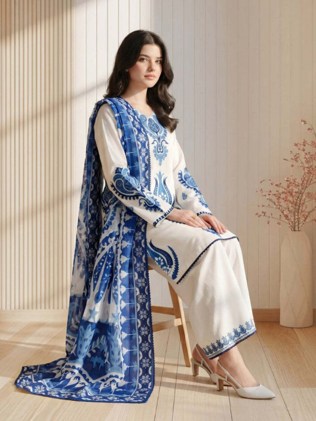 3 Piece Unstitched Embroidered Dhanak Suit LM 3105