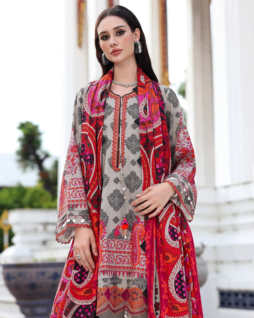 3 Piece - Unstitched Digital Printed Khaddar Fabric With Embroidered Laces CH-75