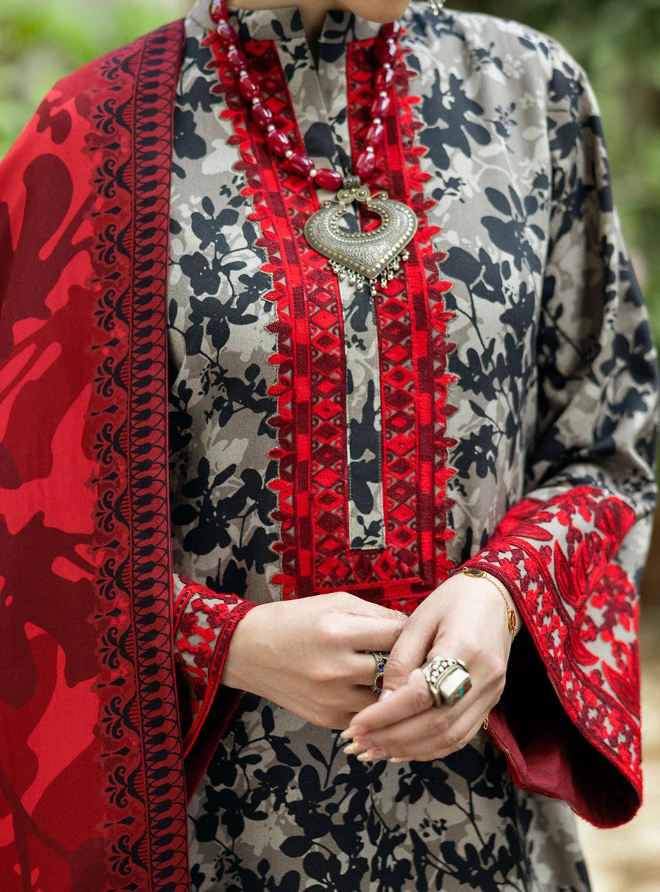 3 Piece - Unstitched Digital Printed and Embroidered Khaddar Fabric With Embroidered Laces MB-437