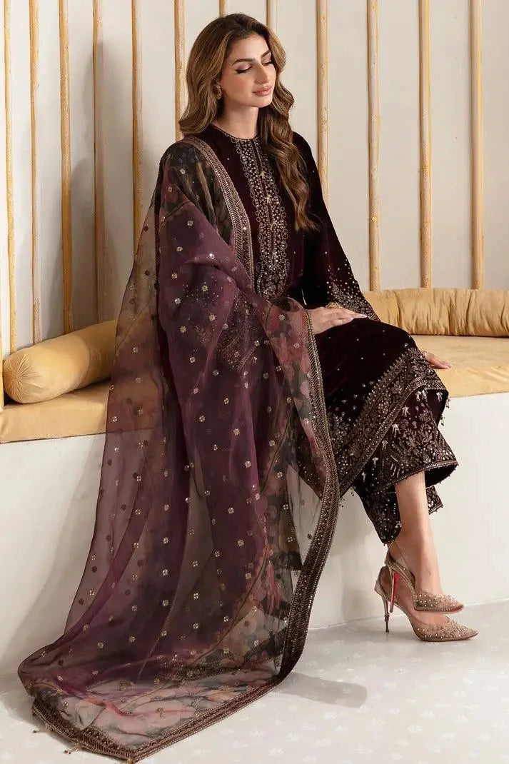 3 Piece - Unstitched Fully Embroided Velvet Fabric BQ-1015